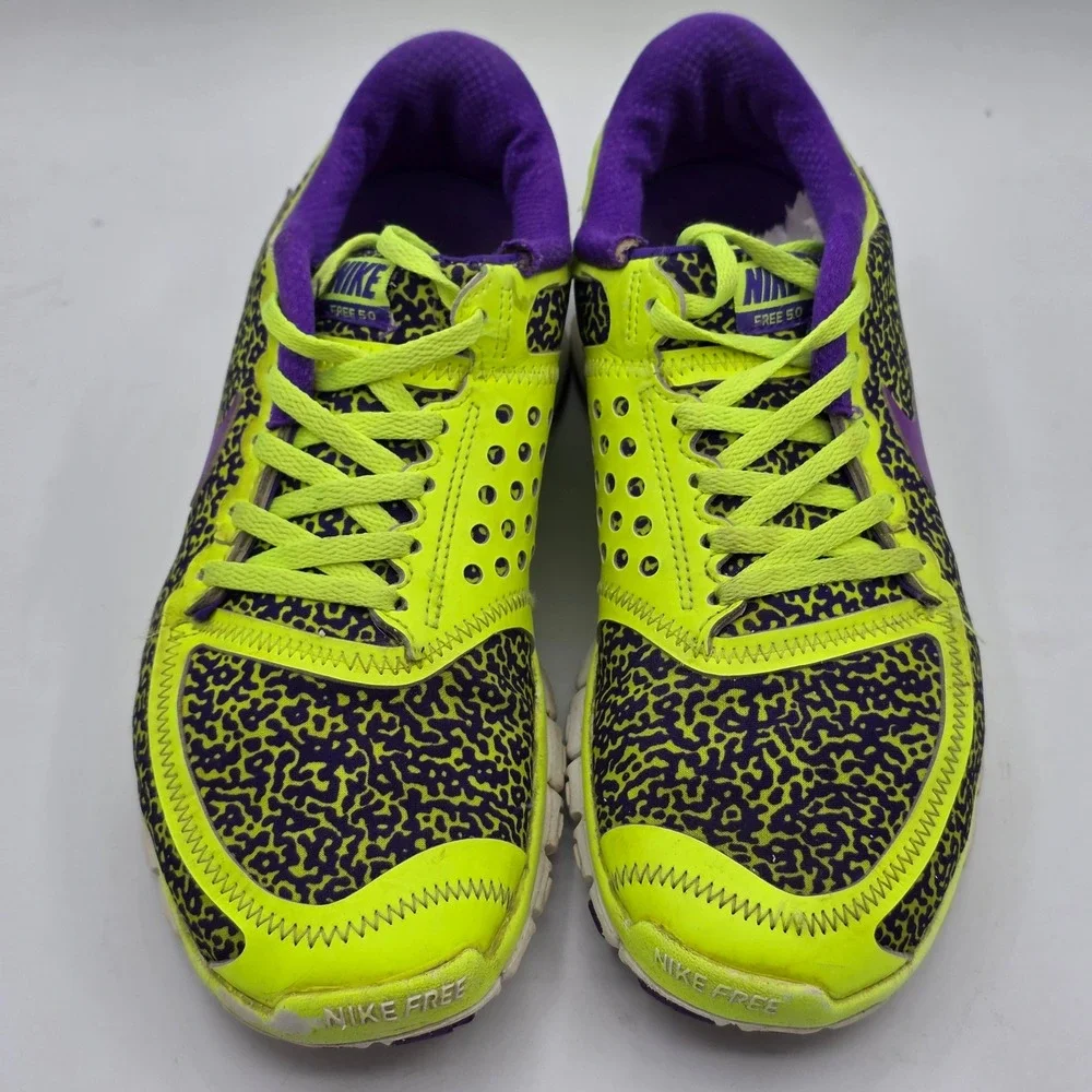 Nike Free 5.0 Running Shoes Mens 10 Volt Purple Safari Print 580590-708 Athletic